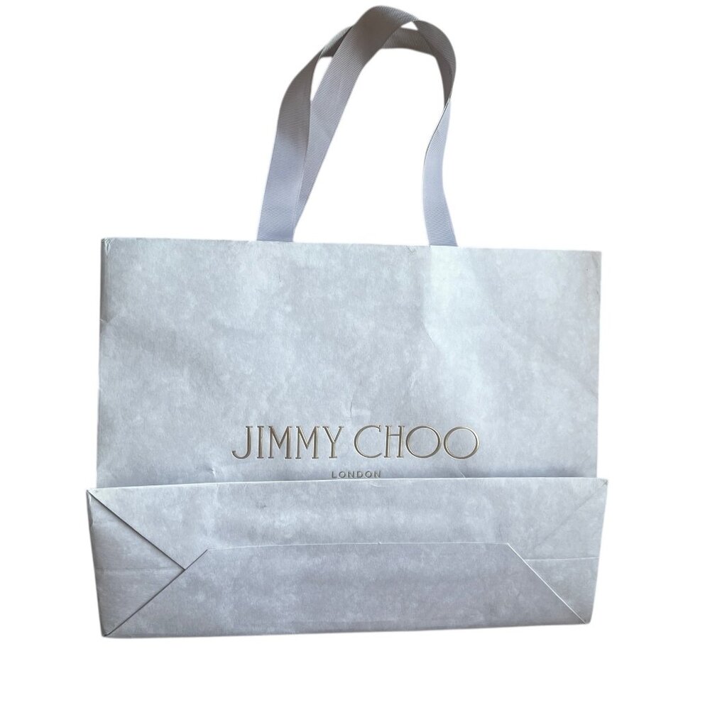 Jimmy Choo Shopping Bag Ribbon Handles Paper with Bottom Card 14x11x4.75 Gray